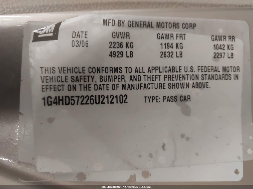 2006 Buick Lucerne Cxl VIN: 1G4HD57226U212102 Lot: 43738592