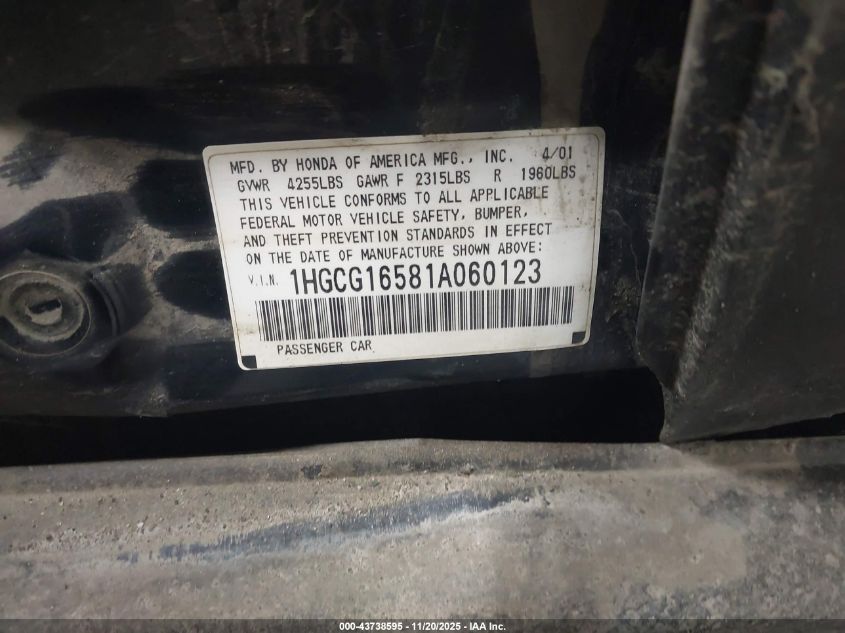 2001 Honda Accord 3.0 Ex VIN: 1HGCG16581A060123 Lot: 43738595