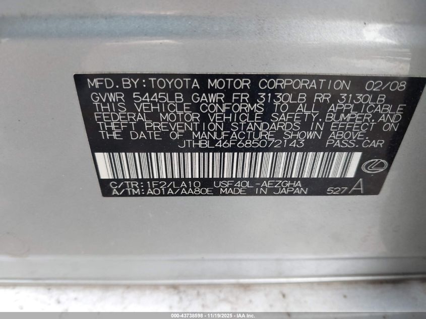 2008 Lexus Ls 460 VIN: JTHBL46F685072143 Lot: 43738598