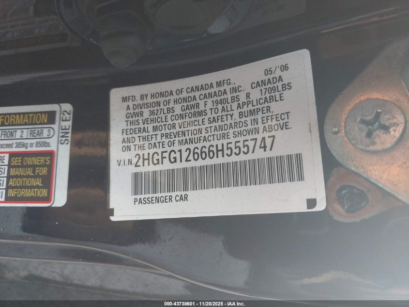2006 Honda Civic Lx VIN: 2HGFG12666H555747 Lot: 43738601