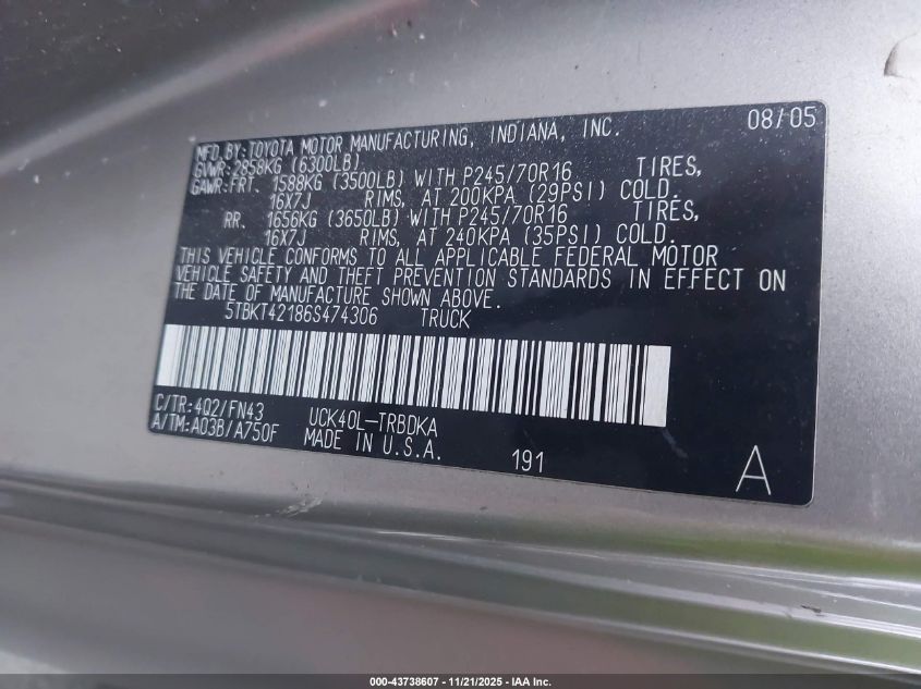 2006 Toyota Tundra Base V8 VIN: 5TBKT42186S474306 Lot: 43738607