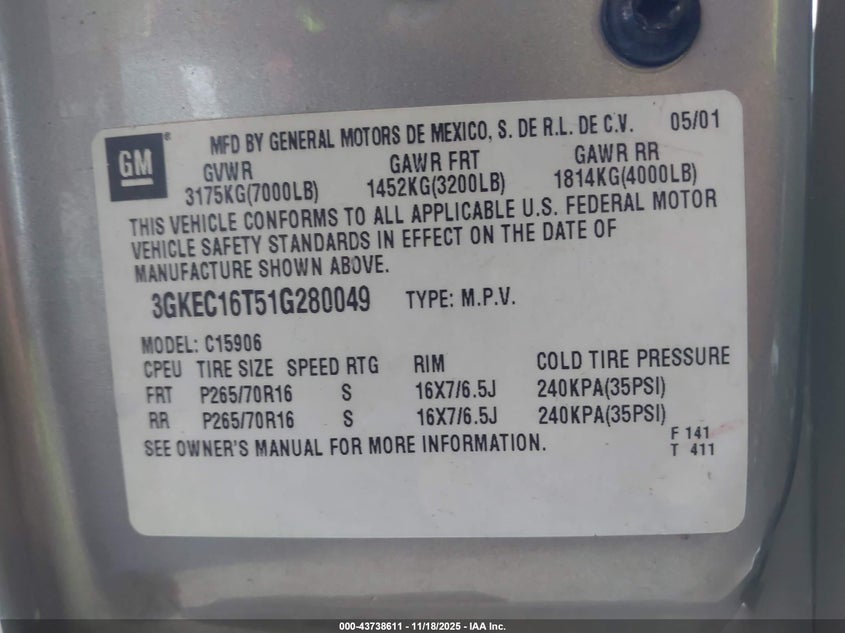 2001 GMC Yukon Xl Slt VIN: 3GKEC16T51G280049 Lot: 43738611