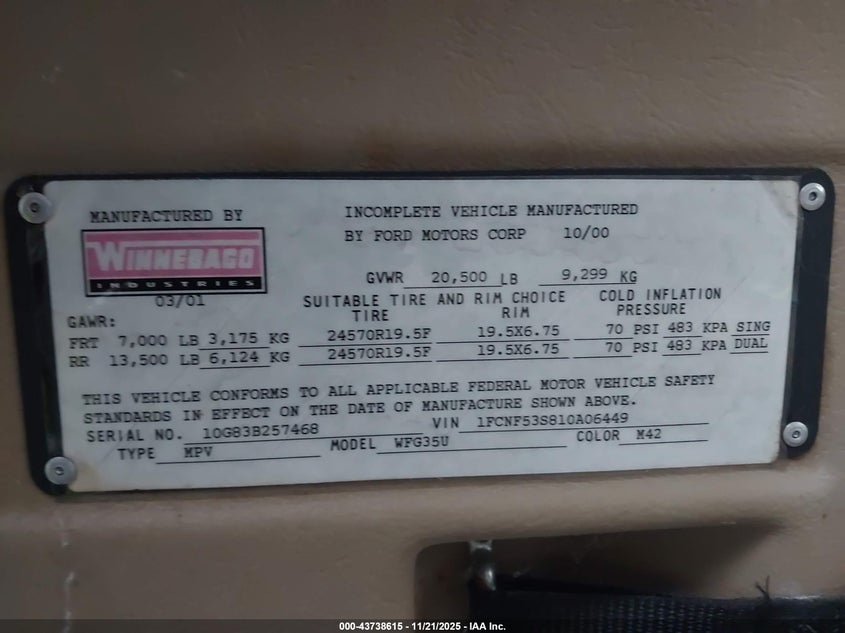 2001 Ford F550 Super Duty Stripped Chass VIN: 1FCNF53S810A06449 Lot: 43738615