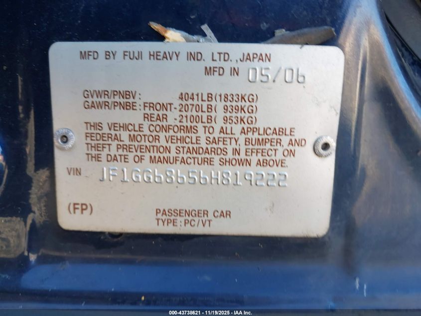2006 Subaru Impreza Outback Sport VIN: JF1GG68656H819222 Lot: 43738621