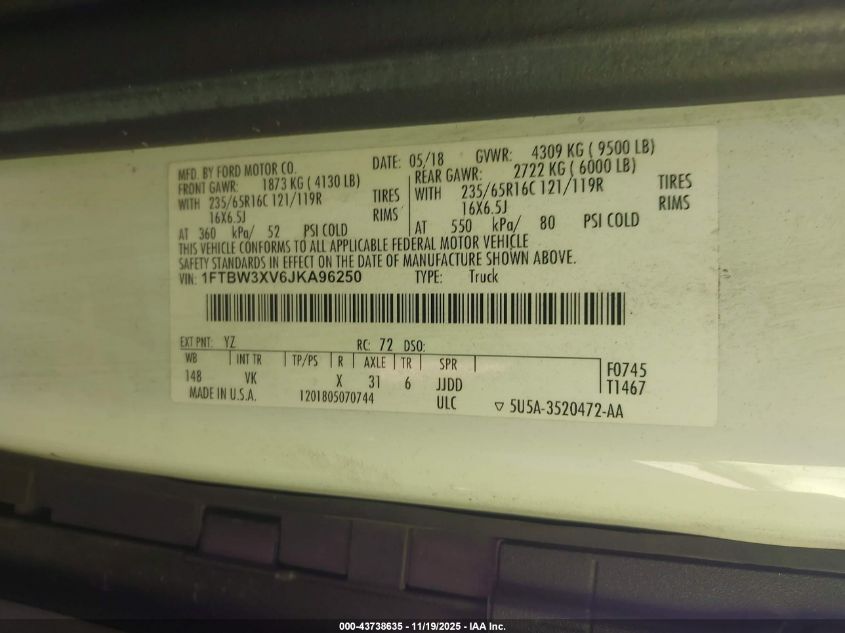 2018 Ford Transit-350 VIN: 1FTBW3XV6JKA96250 Lot: 43738635