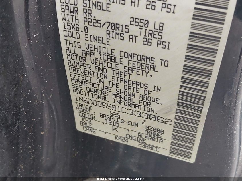VIN: 1N6DD26S91C333062 NISSAN FRONTIER 2WD 2001 BLACK Photo 9