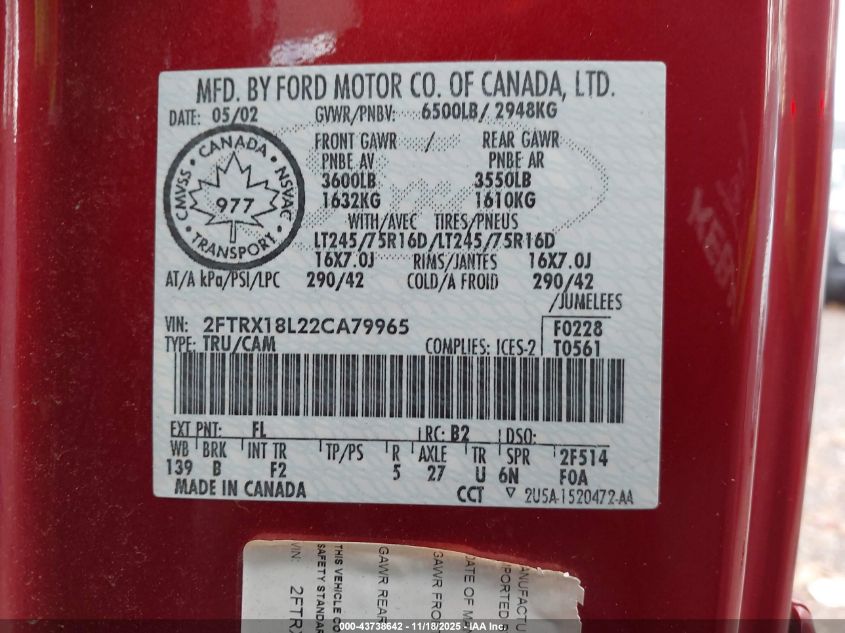 2002 Ford F-150 Lariat/Xl/Xlt VIN: 2FTRX18L22CA79965 Lot: 43738642