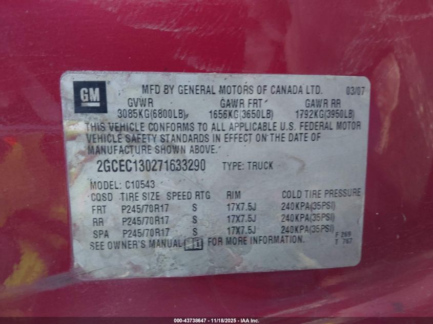 2007 Chevrolet Silverado 1500 Ltz VIN: 2GCEC130271633290 Lot: 43738647