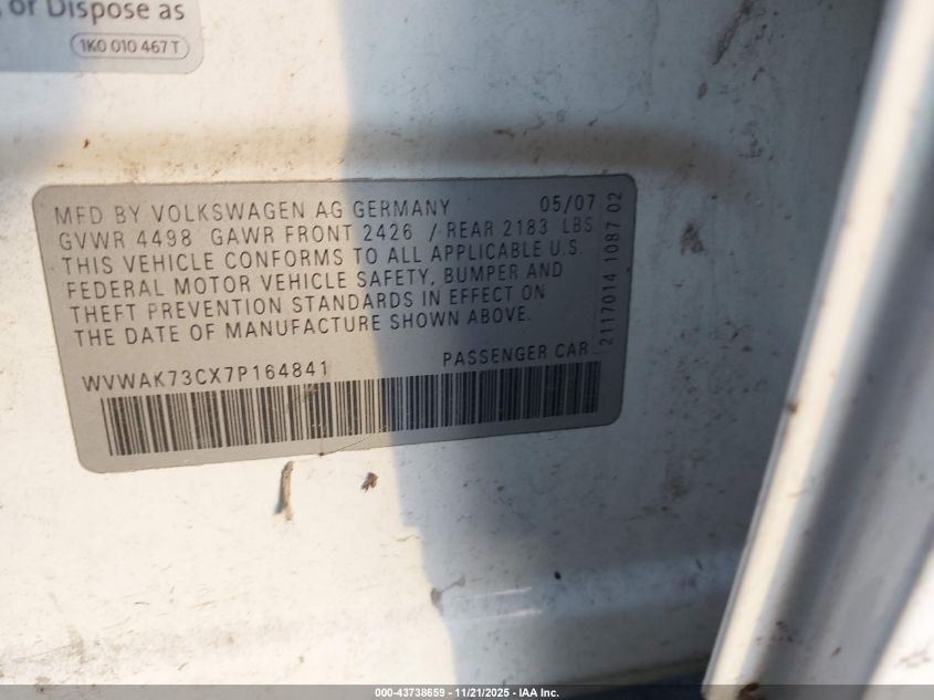 2007 Volkswagen Passat Wolfsburg Edition VIN: WVWAK73CX7P164841 Lot: 43738659