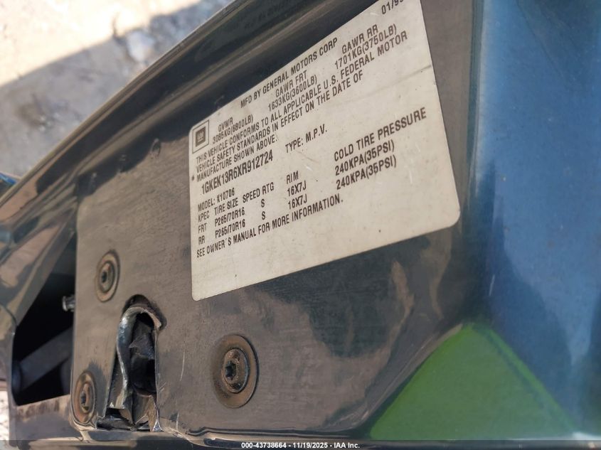 1999 GMC Yukon Denali VIN: 1GKEK13R6XR912724 Lot: 43738664