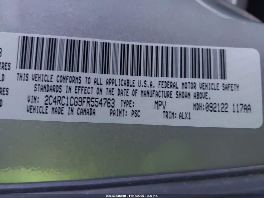 2015 Chrysler Town & Country Touring-L VIN: 2C4RC1CG9FR554763 Lot: 43738690