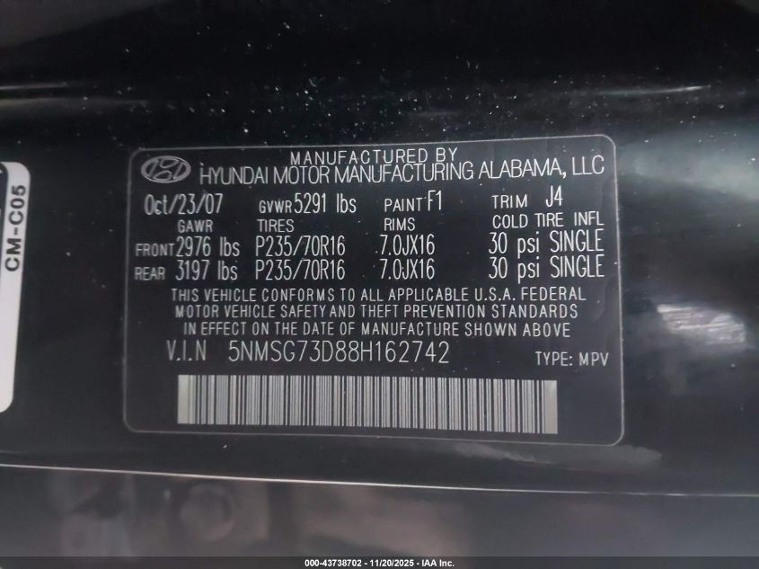 2008 Hyundai Santa Fe Gls VIN: 5NMSG73D88H162742 Lot: 43738702