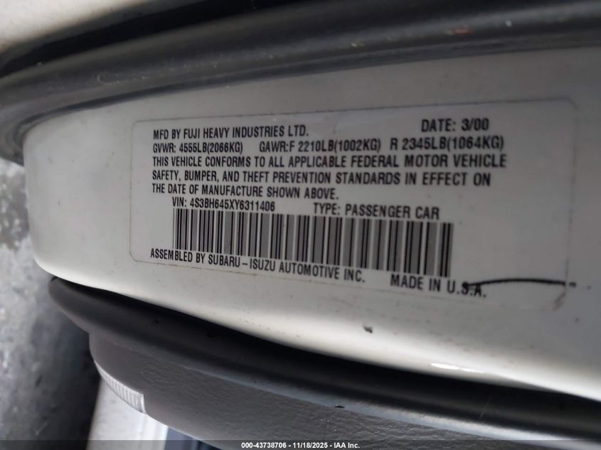 2000 Subaru Legacy Gt VIN: 4S3BH645XY6311406 Lot: 43738706