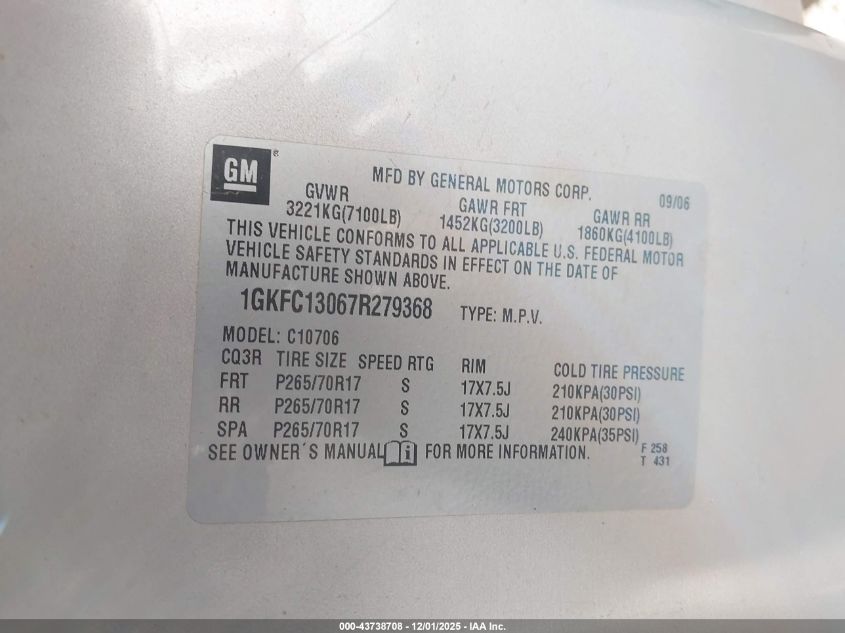 2007 GMC Yukon Commercial Fleet VIN: 1GKFC13067R279368 Lot: 43738708