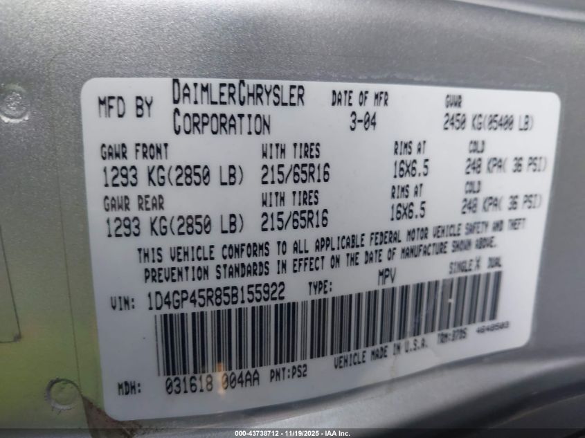 2005 Dodge Caravan Sxt VIN: 1D4GP45R85B155922 Lot: 43738712