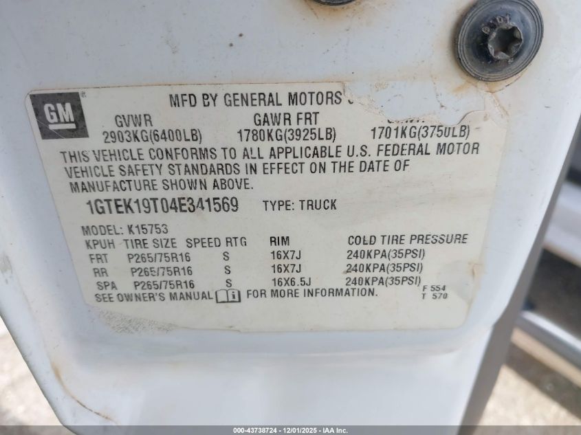2004 GMC Sierra 1500 Slt VIN: 1GTEK19T04E341569 Lot: 43738724