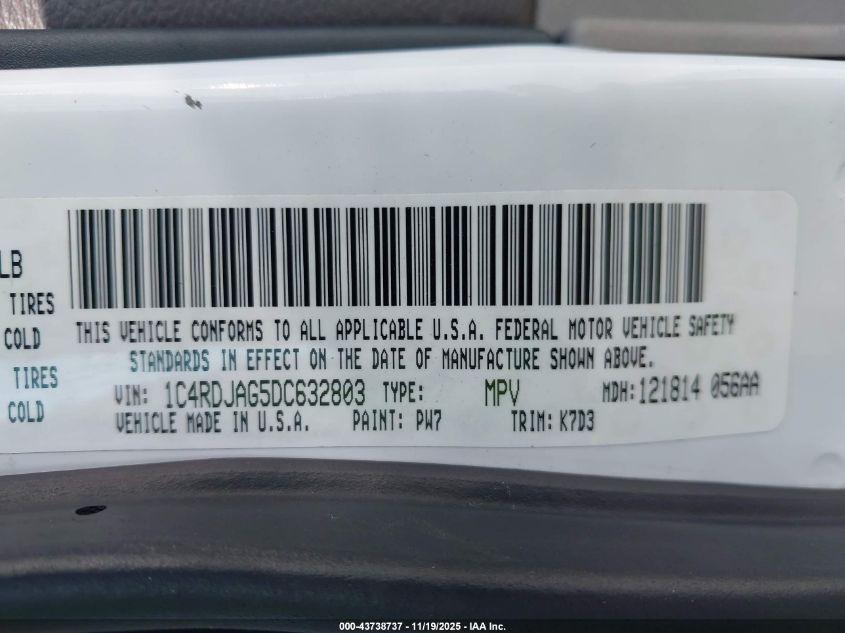 2013 Dodge Durango Sxt VIN: 1C4RDJAG5DC632803 Lot: 43738737