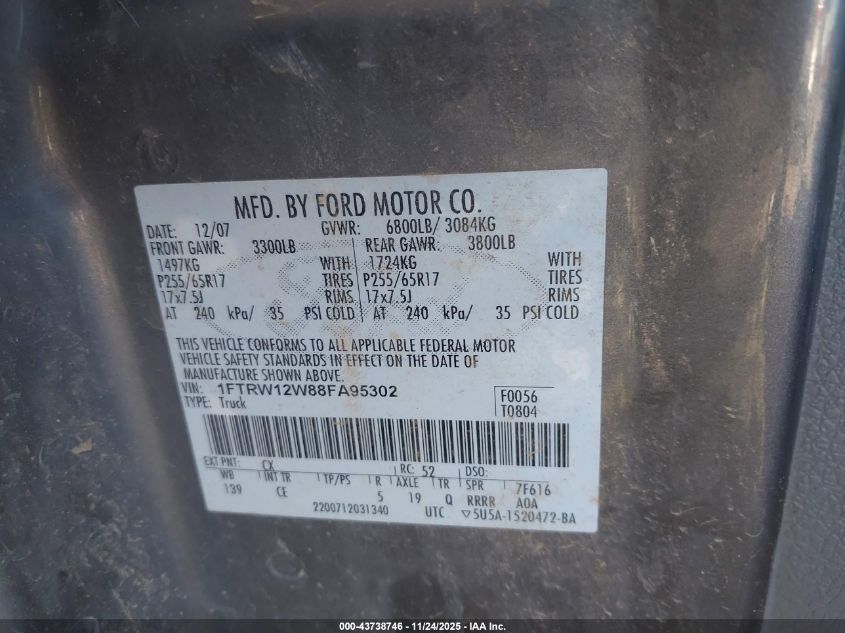 2008 Ford F-150 60Th Anniversary/Fx2/Xl/Xlt VIN: 1FTRW12W88FA95302 Lot: 43738746