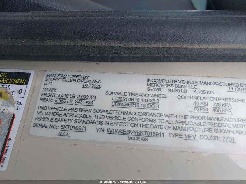 2019 Mercedes-Benz Sprinter 2500 Standard Roof V6 VIN: W1W4EBVY5KT016911 Lot: 43738756