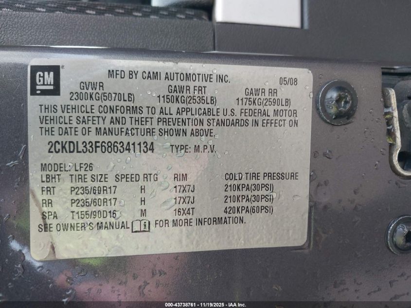 2008 Pontiac Torrent VIN: 2CKDL33F686341134 Lot: 43738761