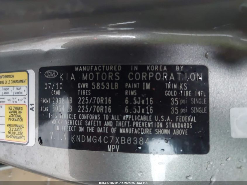 2011 Kia Sedona Lx VIN: KNDMG4C7XB6384365 Lot: 43738762