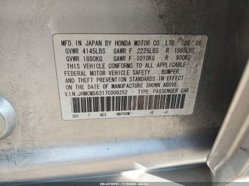 2007 Honda Accord 2.4 Se VIN: JHMCM56317C006252 Lot: 43738791