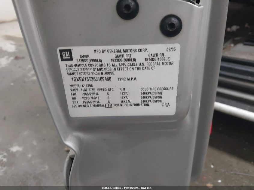 2006 GMC Yukon Sle VIN: 1GKEK13T36J109460 Lot: 43738806