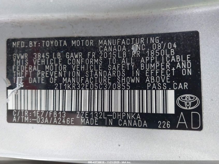 2005 Toyota Matrix Xr VIN: 2T1KR32E05C370855 Lot: 43738818