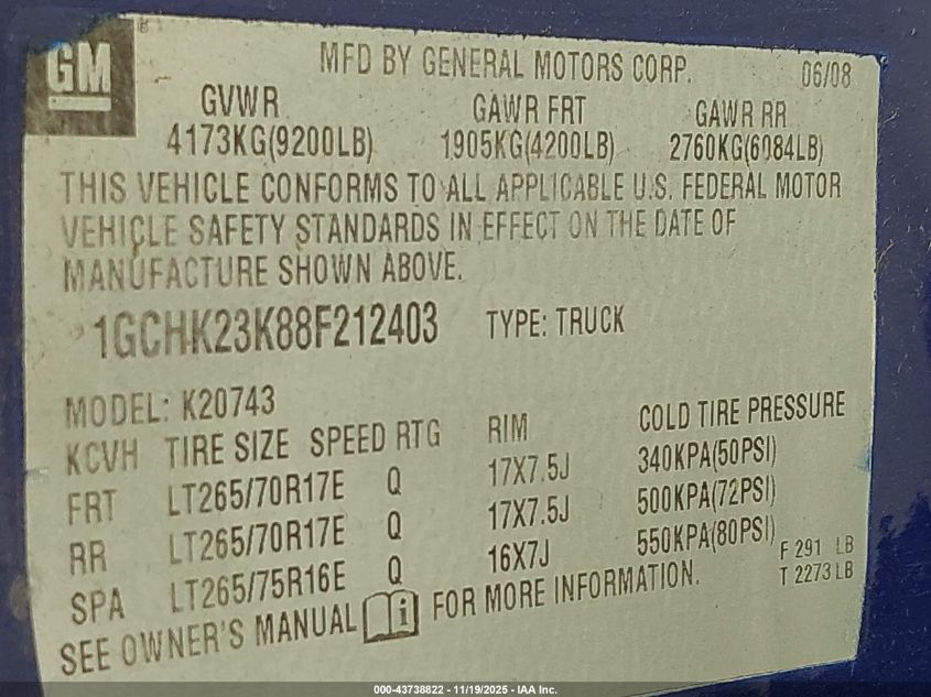 2008 Chevrolet Silverado 2500Hd Lt2 VIN: 1GCHK23K88F212403 Lot: 43738822