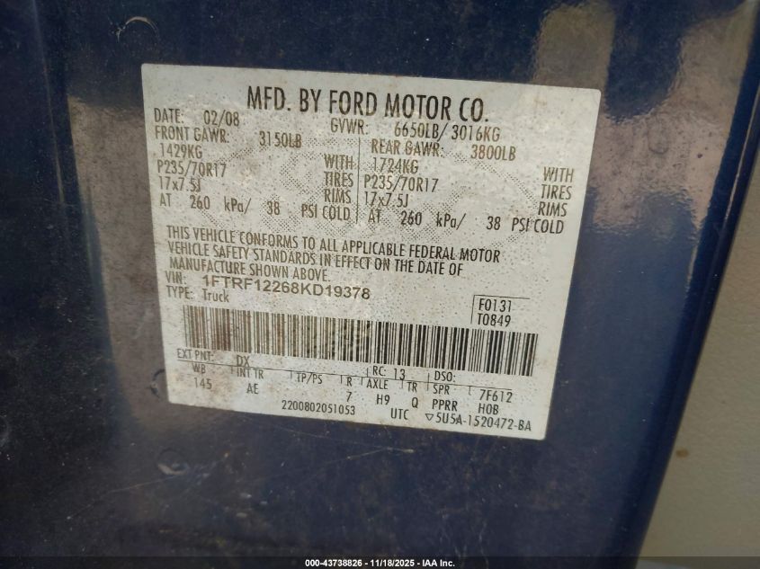 2008 Ford F-150 Stx/Xl/Xlt VIN: 1FTRF12268KD19378 Lot: 43738826