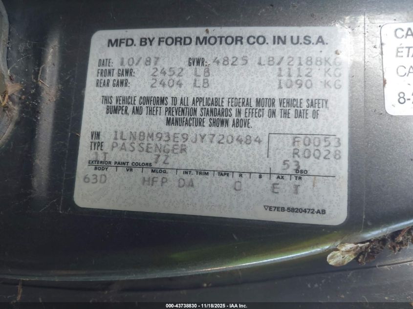 1988 Lincoln Mark Vii Lsc VIN: 1LNBM93E9JY720484 Lot: 43738830