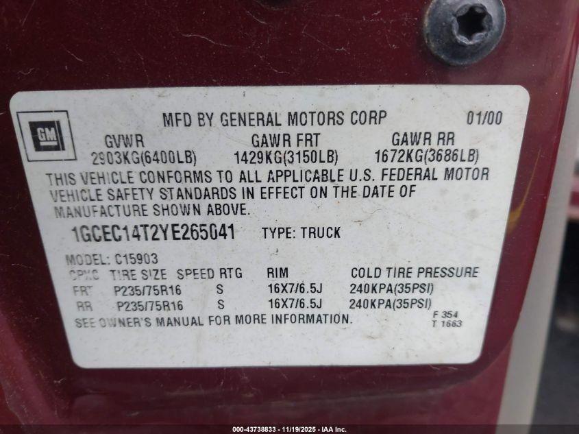 2000 Chevrolet Silverado 1500 Ls VIN: 1GCEC14T2YE265041 Lot: 43738833