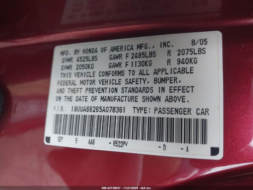 2005 Acura Tl VIN: 19UUA66265A078361 Lot: 43738837