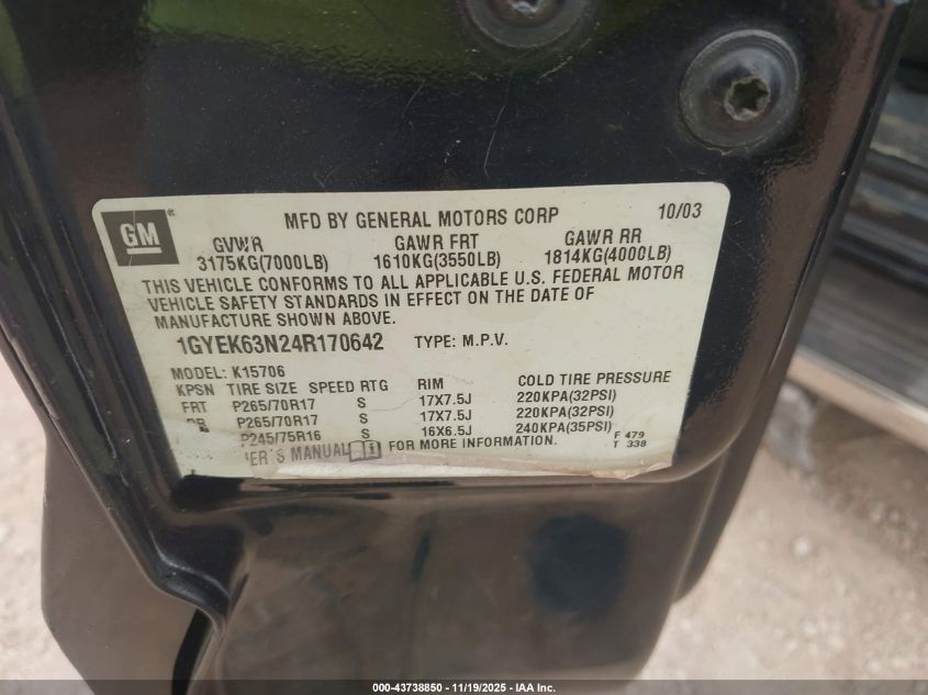 2004 Cadillac Escalade Standard VIN: 1GYEK63N24R170642 Lot: 43738850