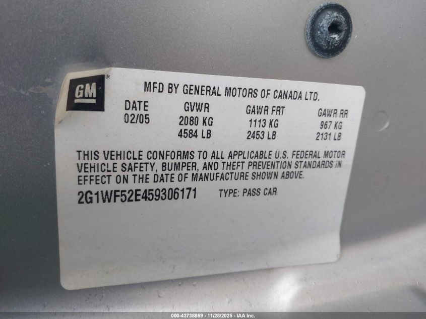 2005 Chevrolet Impala VIN: 2G1WF52E459306171 Lot: 43738869