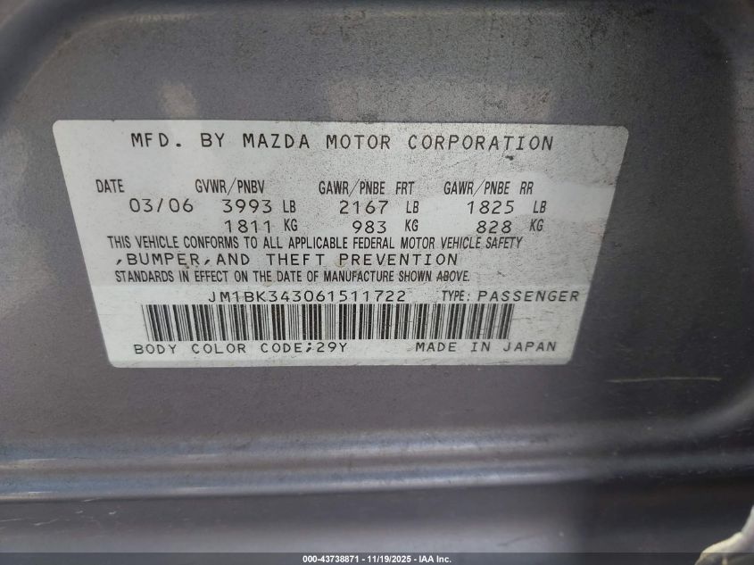 2006 Mazda Mazda3 S Touring VIN: JM1BK343061511722 Lot: 43738871