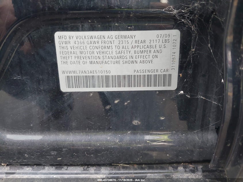 2010 Volkswagen Cc Sport VIN: WVWML7AN3AE510150 Lot: 43738875