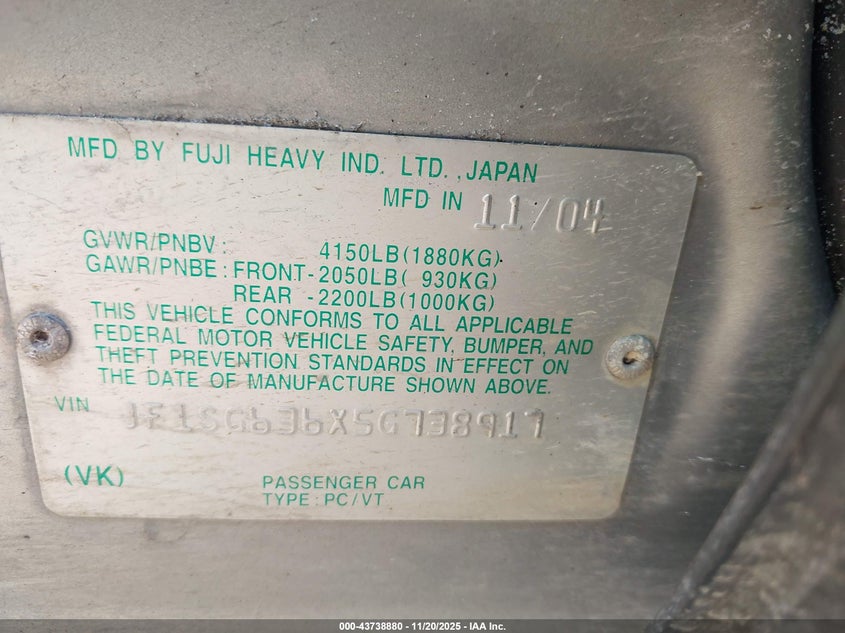 2005 Subaru Forester 2.5X VIN: JF1SG636X5G738917 Lot: 43738880