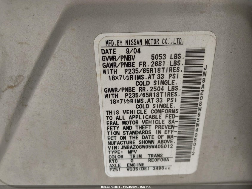 2005 Nissan Murano Sl VIN: JN8AZ08W95W405012 Lot: 43738881