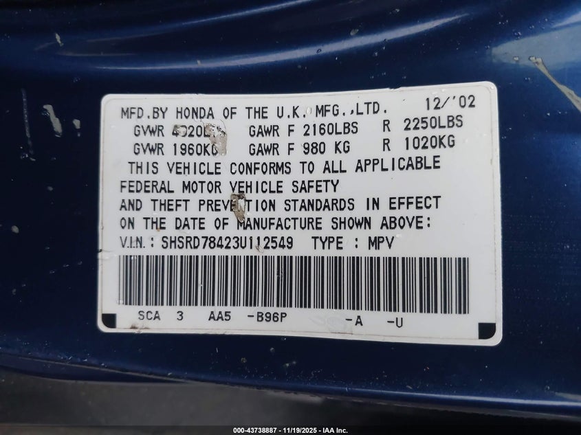 2003 Honda Cr-V Lx VIN: SHSRD78423U112549 Lot: 43738887