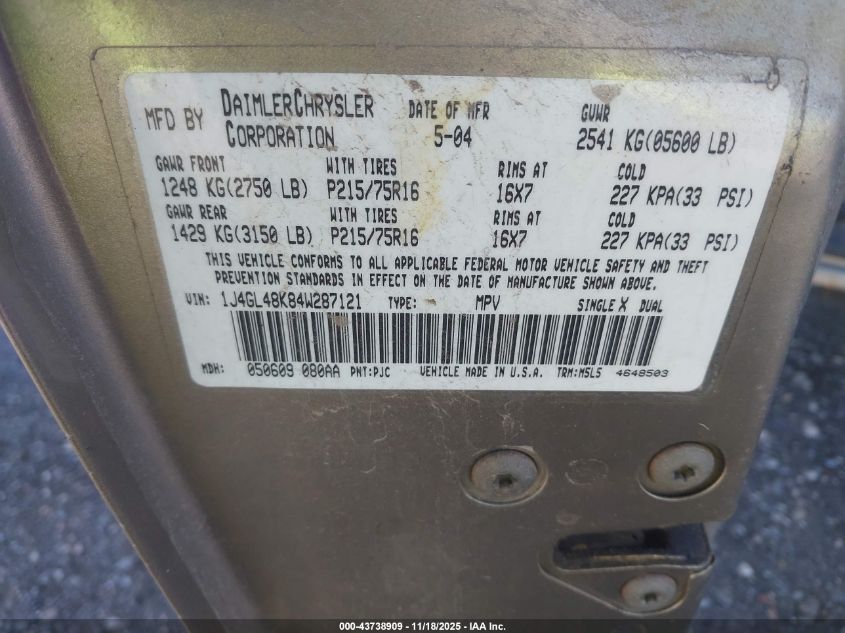 2004 Jeep Liberty Sport VIN: 1J4GL48K84W287121 Lot: 43738909