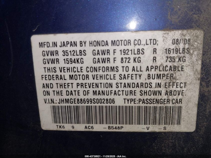 2009 Honda Fit Sport VIN: JHMGE88699S002806 Lot: 43738921