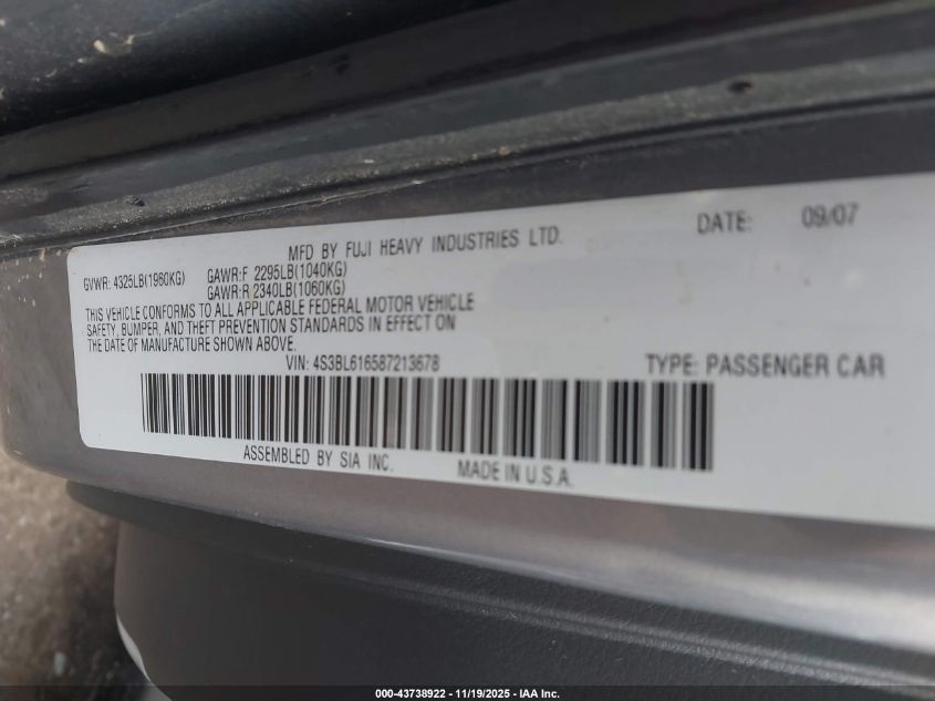 2008 Subaru Legacy 2.5I VIN: 4S3BL616587213678 Lot: 43738922