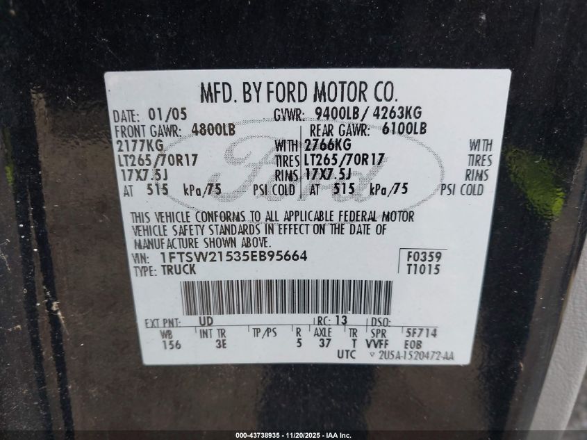 2005 Ford F-250 Lariat/Xl/Xlt VIN: 1FTSW21535EB95664 Lot: 43738935