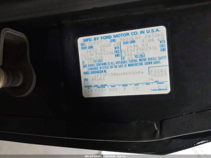 1987 Ford F150 VIN: 1FTDF15Y6HPA50084 Lot: 43738940