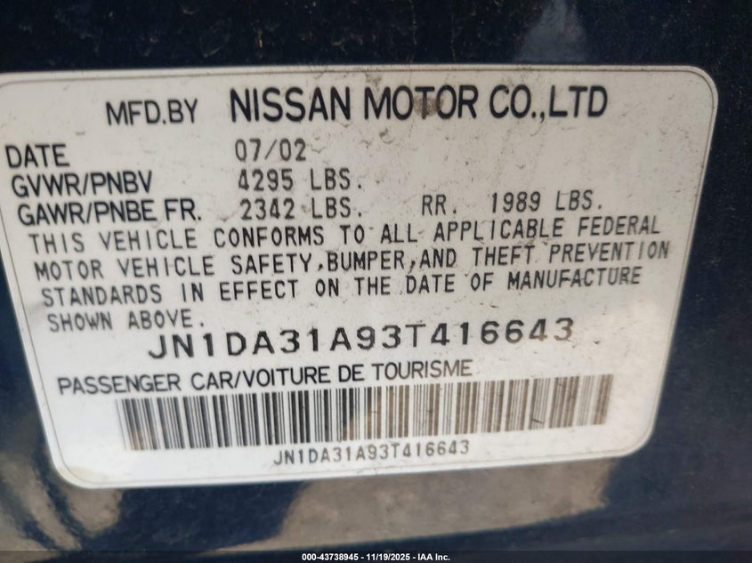 2003 Nissan Maxima Se VIN: JN1DA31A93T416643 Lot: 43738945