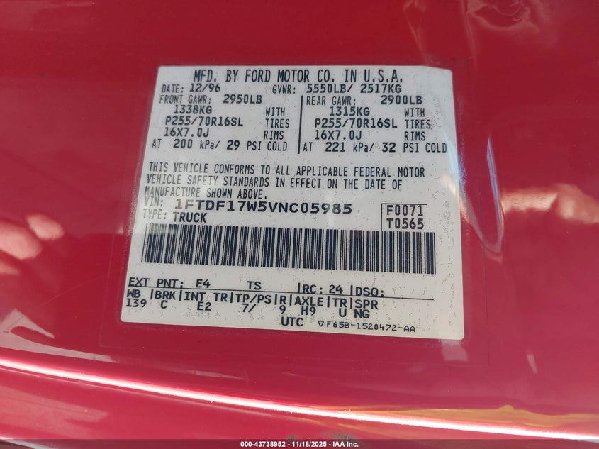 1997 Ford F-150 Lariat/Standard/Xl/Xlt VIN: 1FTDF17W5VNC05985 Lot: 43738952