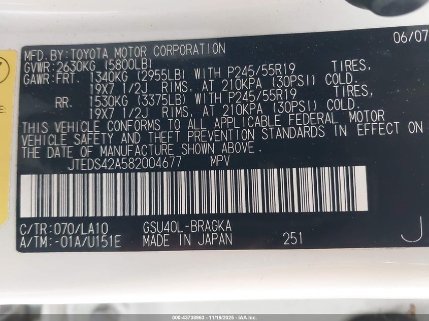 2008 Toyota Highlander Limited VIN: JTEDS42A582004677 Lot: 43738963