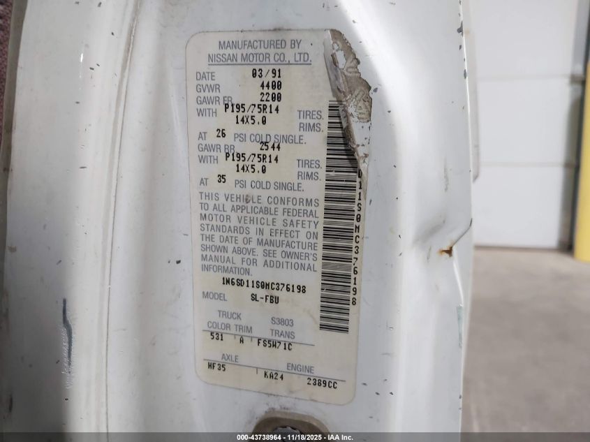 1991 Nissan Truck Short Wheelbase VIN: 1N6SD11S0MC376198 Lot: 43738964