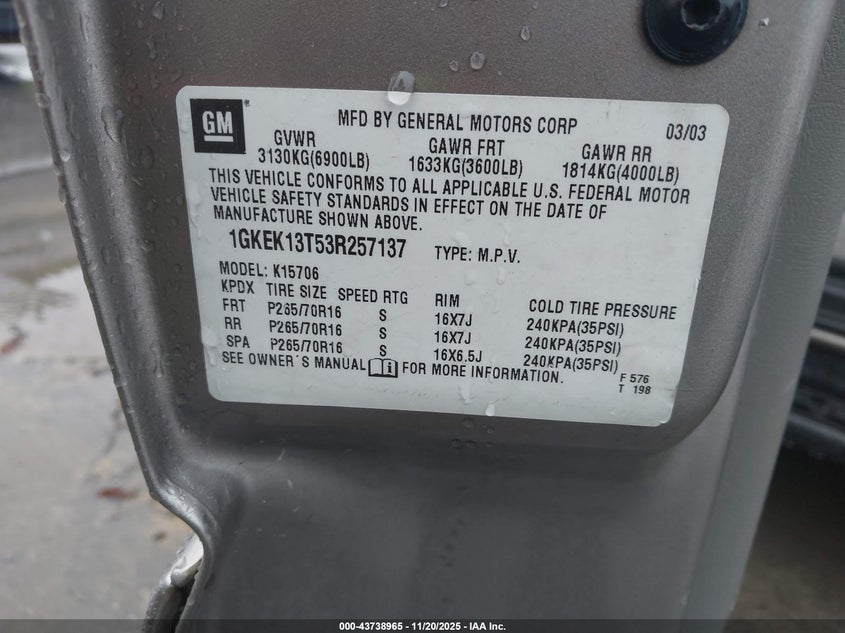 2003 GMC Yukon Slt VIN: 1GKEK13T53R257137 Lot: 43738965